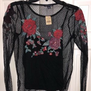 Mesh blouse with embroidered roses